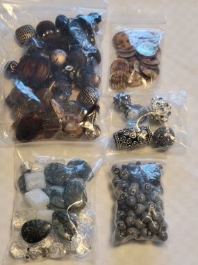 Assortment Brown, Silver, Gray, Cream Beads and Charms Lot of 5 Bags 1.4 Lbs